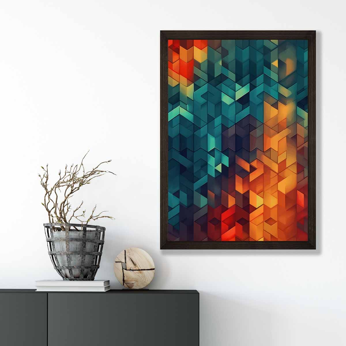 Abstrakter Kunstdruck geometrischer Formen, Blau, Orange und Rot Nr. 1