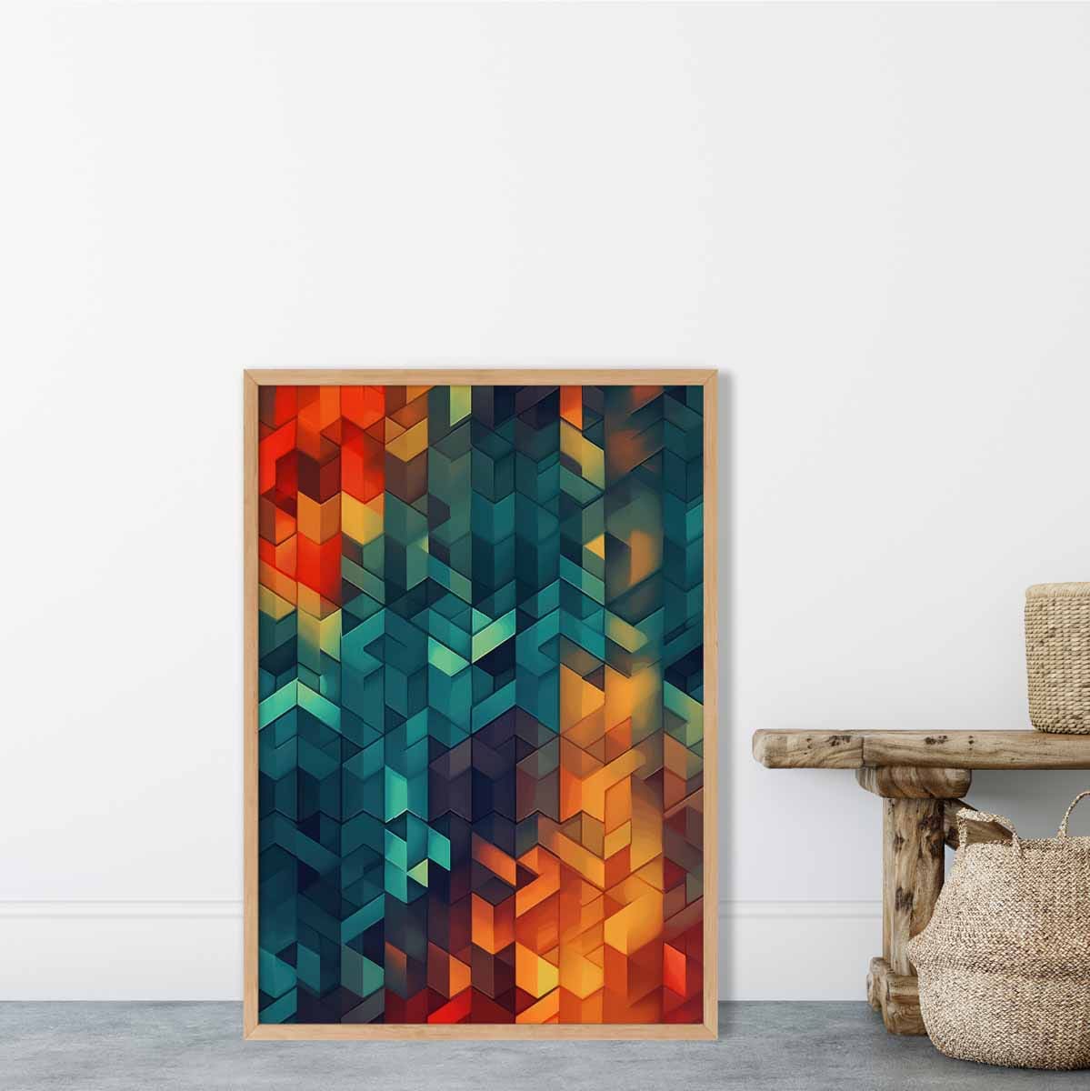 Abstrakter Kunstdruck mit geometrischen Formen, Blau, Orange und Rot Nr. 2