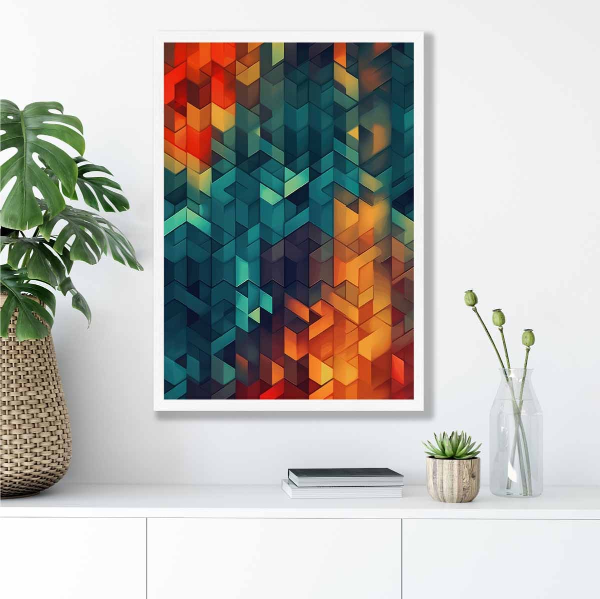 Abstrakter Kunstdruck mit geometrischen Formen, Blau, Orange und Rot Nr. 2