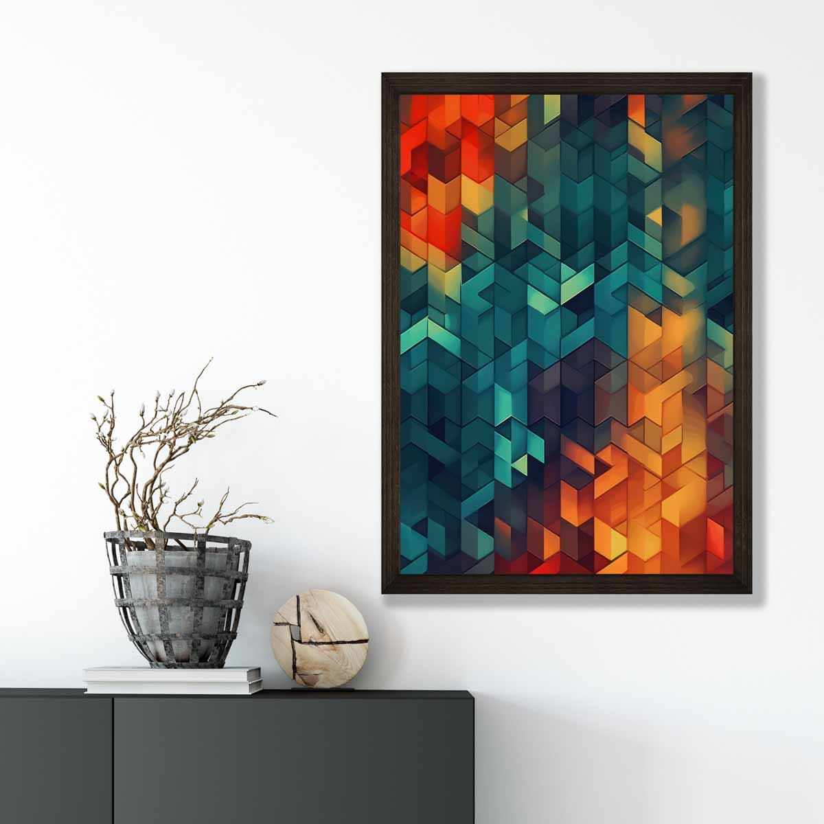 Abstrakter Kunstdruck mit geometrischen Formen, Blau, Orange und Rot Nr. 2
