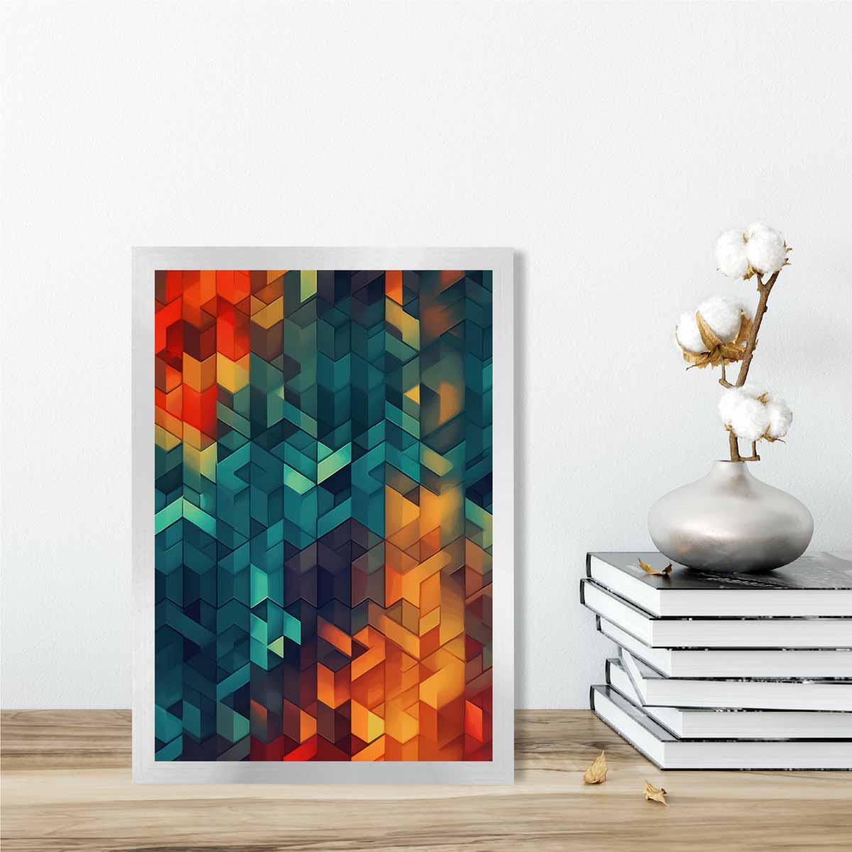 Abstrakter Kunstdruck mit geometrischen Formen, Blau, Orange und Rot Nr. 2