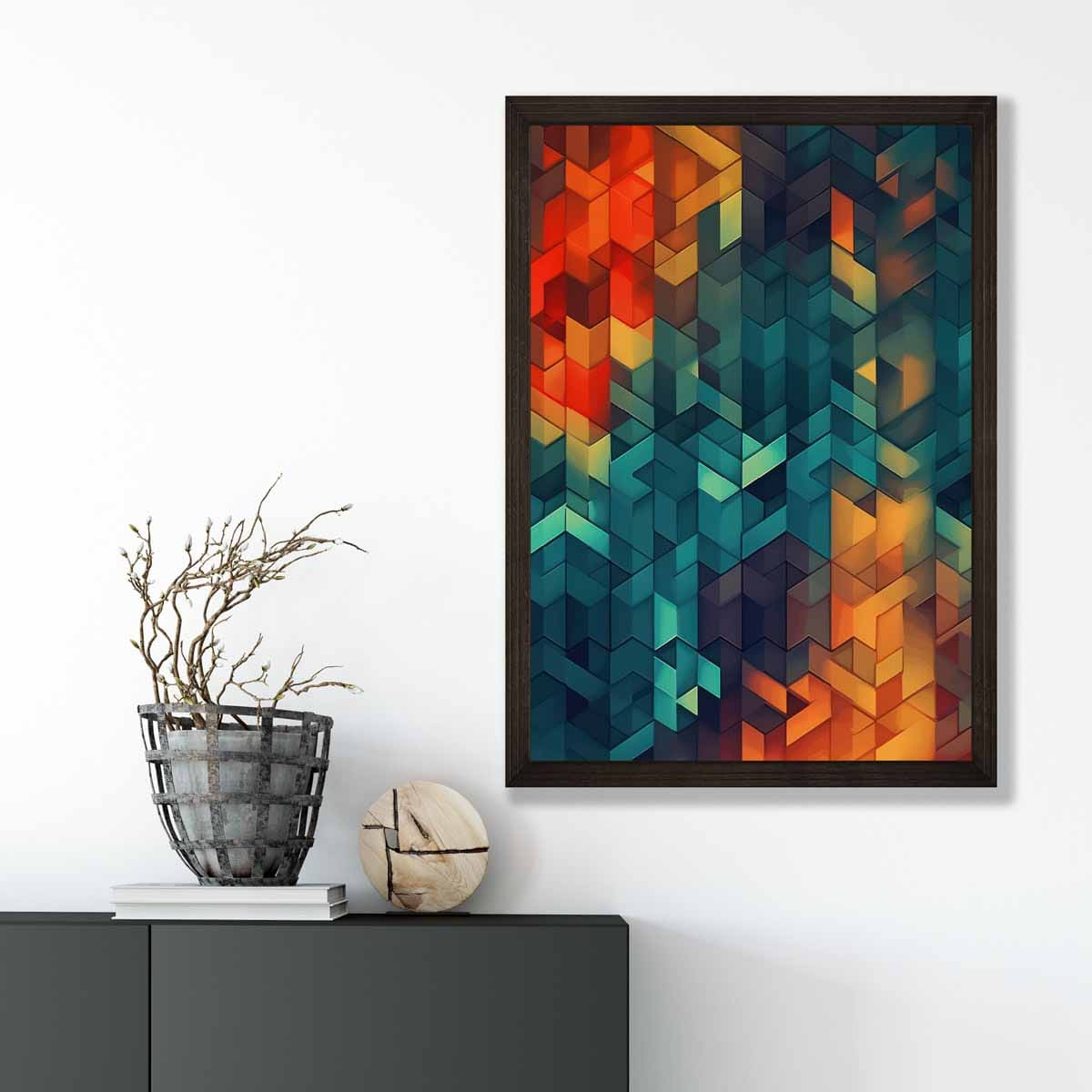Abstrakter Kunstdruck mit geometrischen Formen, Blau, Orange und Rot, Nr. 3