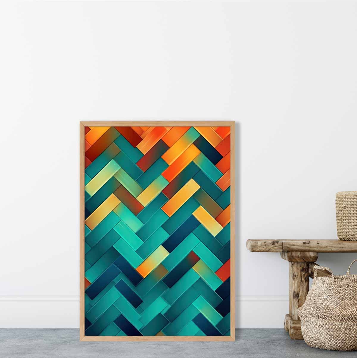 Abstrakter Kunstdruck mit geometrischen Formen in Türkis, Blau, Orange und Rot Nr. 1