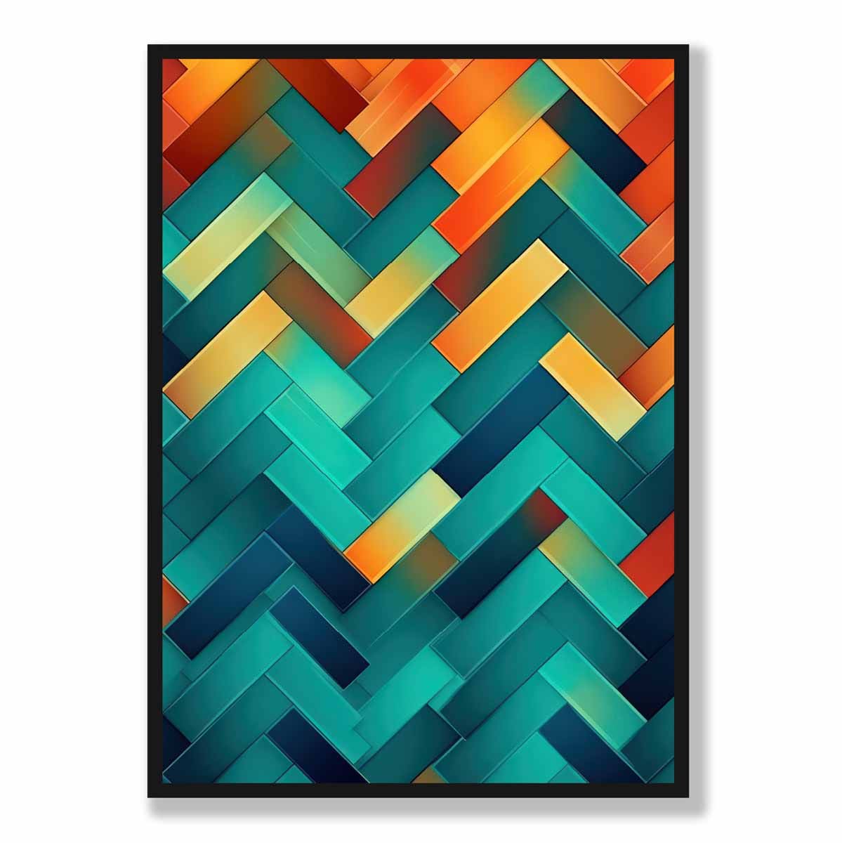 Abstrakter Kunstdruck mit geometrischen Formen in Türkis, Blau, Orange und Rot Nr. 1