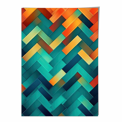 Abstrakter Kunstdruck mit geometrischen Formen in Türkis, Blau, Orange und Rot Nr. 1