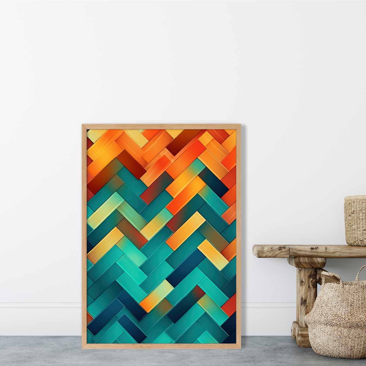 Abstrakter Kunstdruck mit geometrischen Formen in Türkis, Blau, Orange und Rot Nr. 2