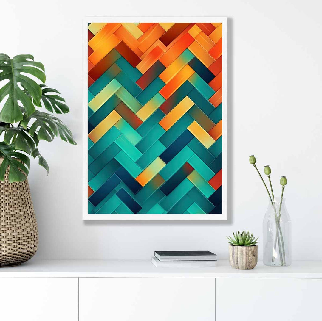 Abstrakter Kunstdruck mit geometrischen Formen in Türkis, Blau, Orange und Rot Nr. 2