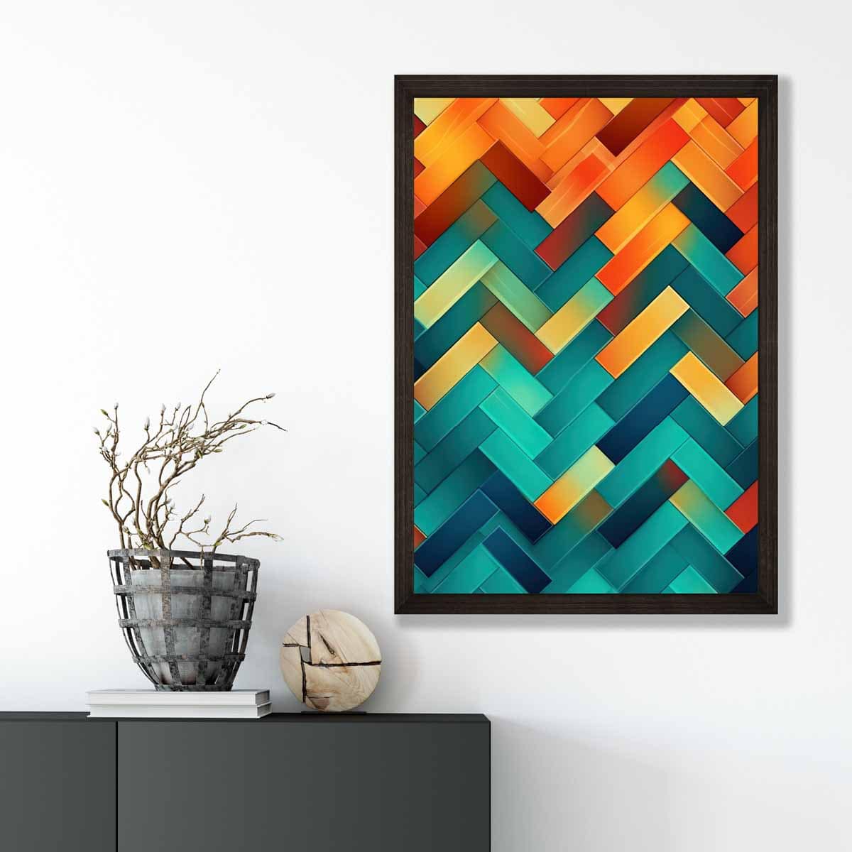 Abstrakter Kunstdruck mit geometrischen Formen in Türkis, Blau, Orange und Rot Nr. 2
