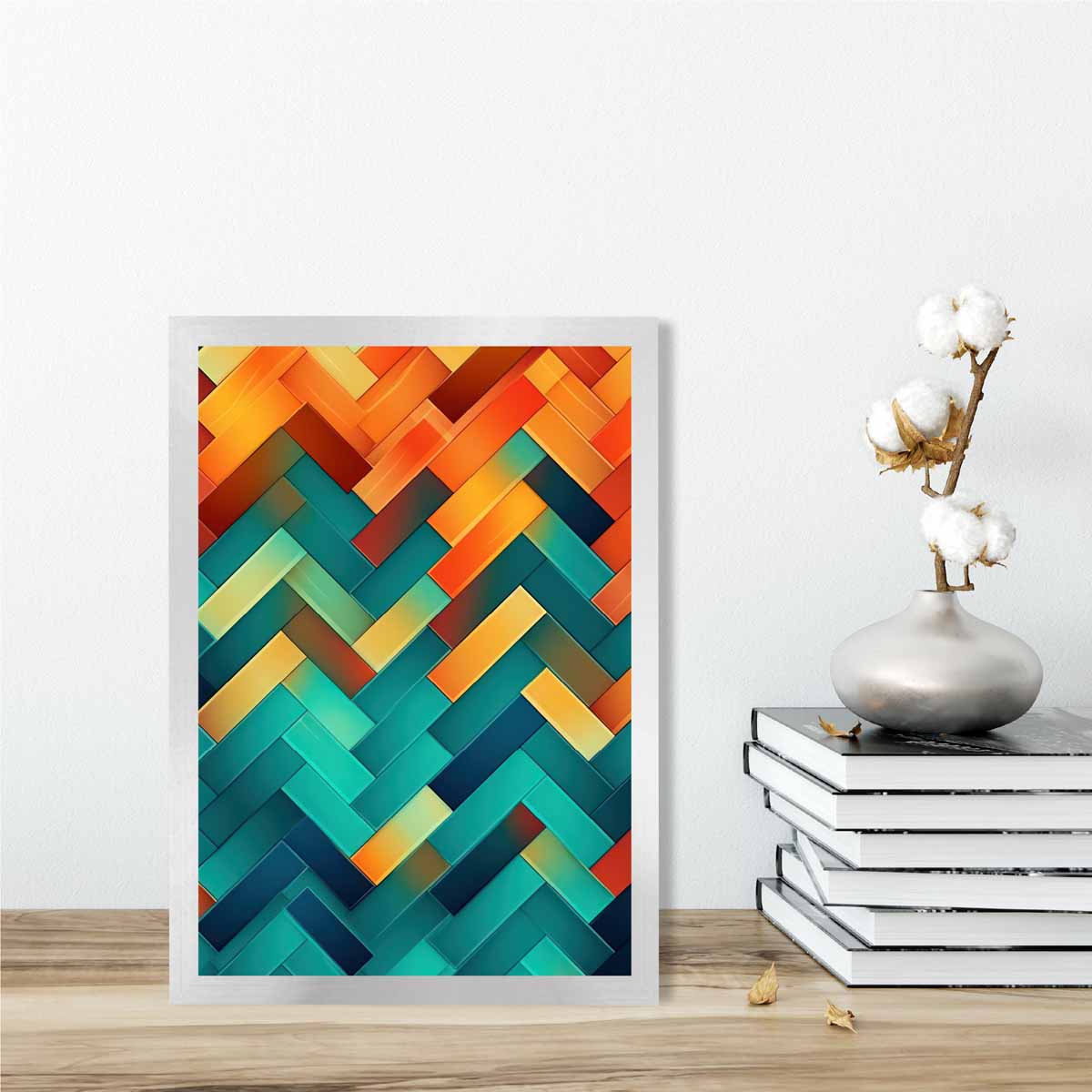Abstrakter Kunstdruck mit geometrischen Formen in Türkis, Blau, Orange und Rot Nr. 2