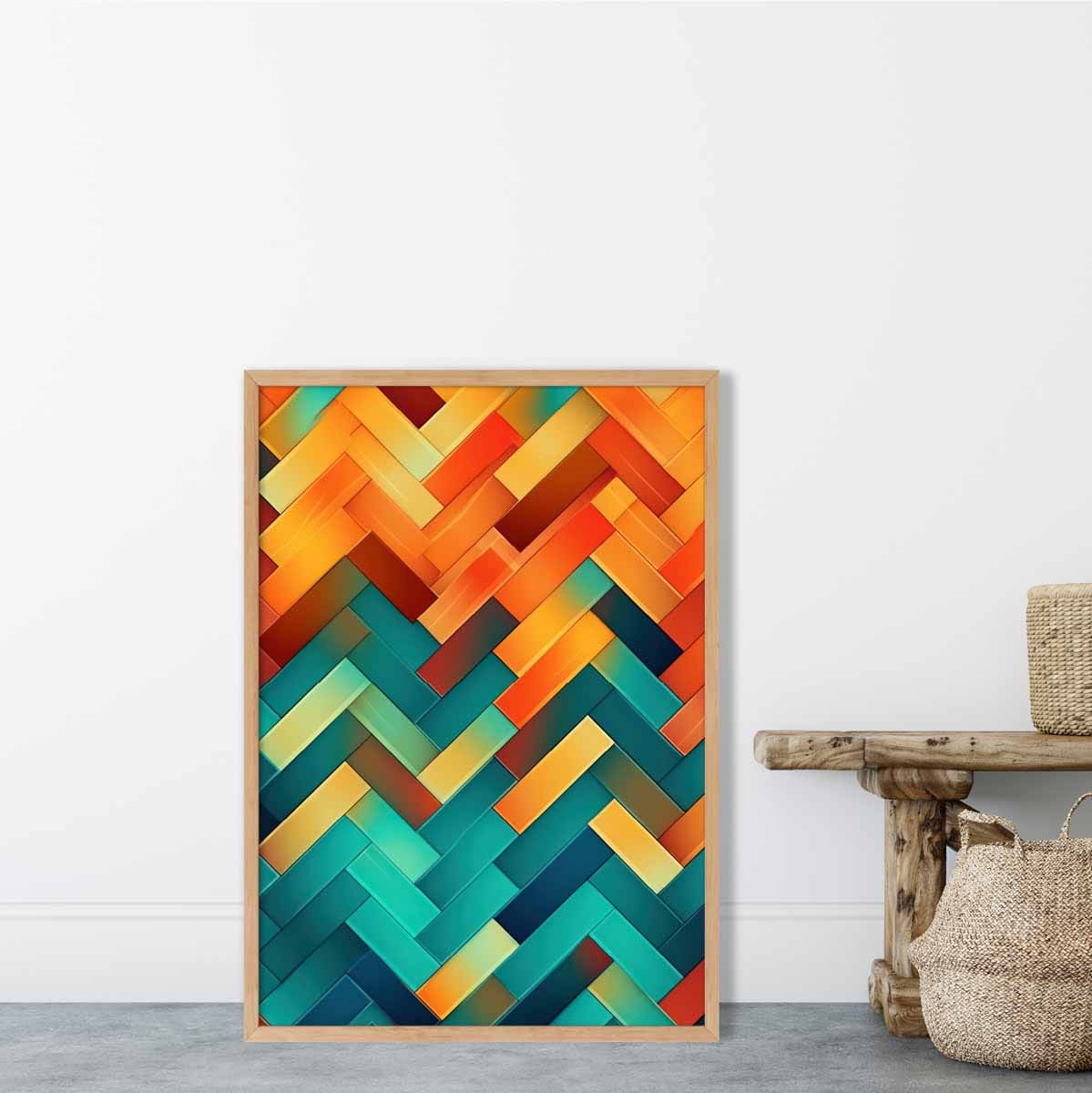 Abstrakter Kunstdruck mit geometrischen Formen in Türkis, Blau, Orange und Rot, Nr. 3