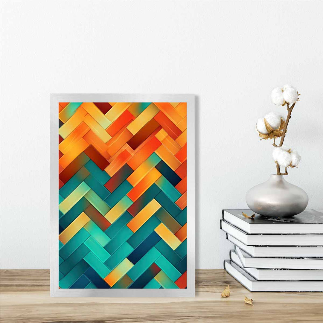 Abstrakter Kunstdruck mit geometrischen Formen in Türkis, Blau, Orange und Rot, Nr. 3