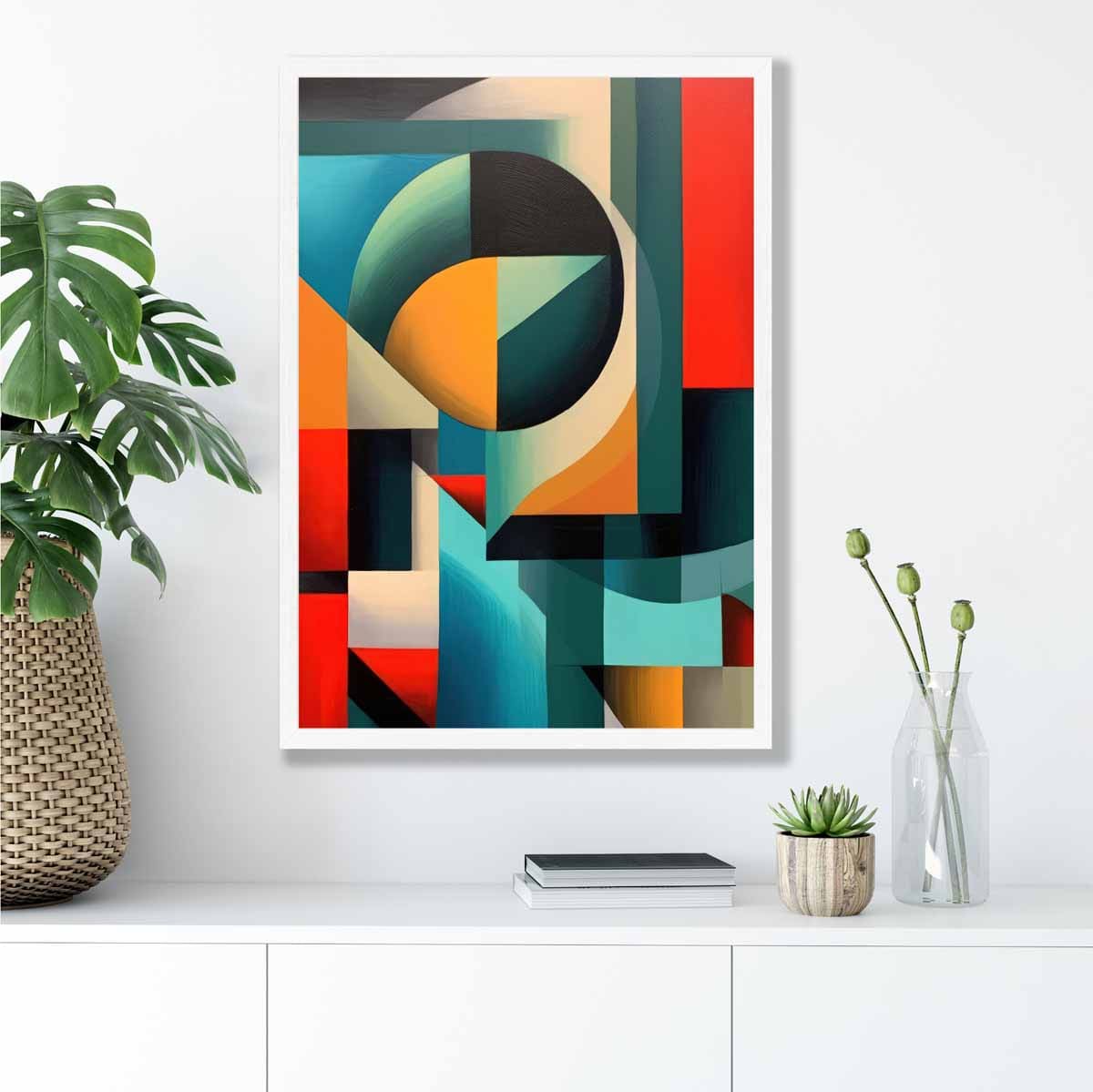 Abstrakter Kunstdruck mit farbenfrohen Formen, Blau, Rot, Orange Nr. 1
