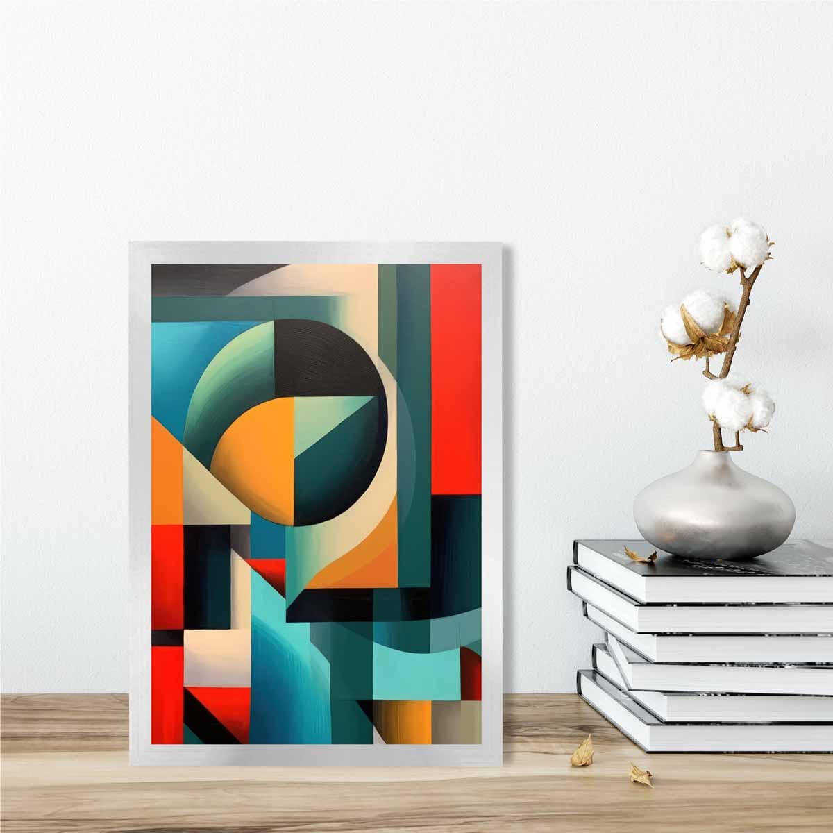 Abstrakter Kunstdruck mit farbenfrohen Formen, Blau, Rot, Orange Nr. 1