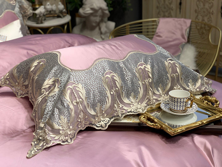 Luxuriöses Satin-ähnliches besticktes Wellen-Duvetbezug-Set mit Jacquard-Rand & Oxford-Kissenbezügen