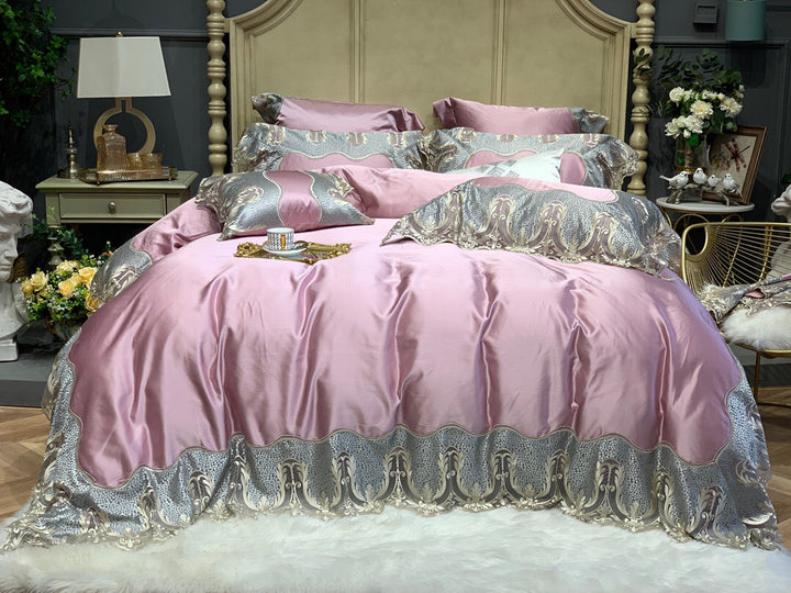 Luxuriöses Satin-ähnliches besticktes Wellen-Duvetbezug-Set mit Jacquard-Rand & Oxford-Kissenbezügen