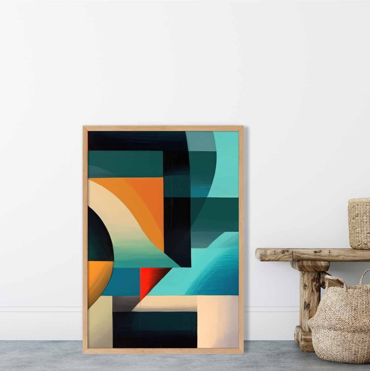 Abstrakter Kunstdruck mit farbenfrohen Formen, Blau, Rot, Orange, Nr. 4