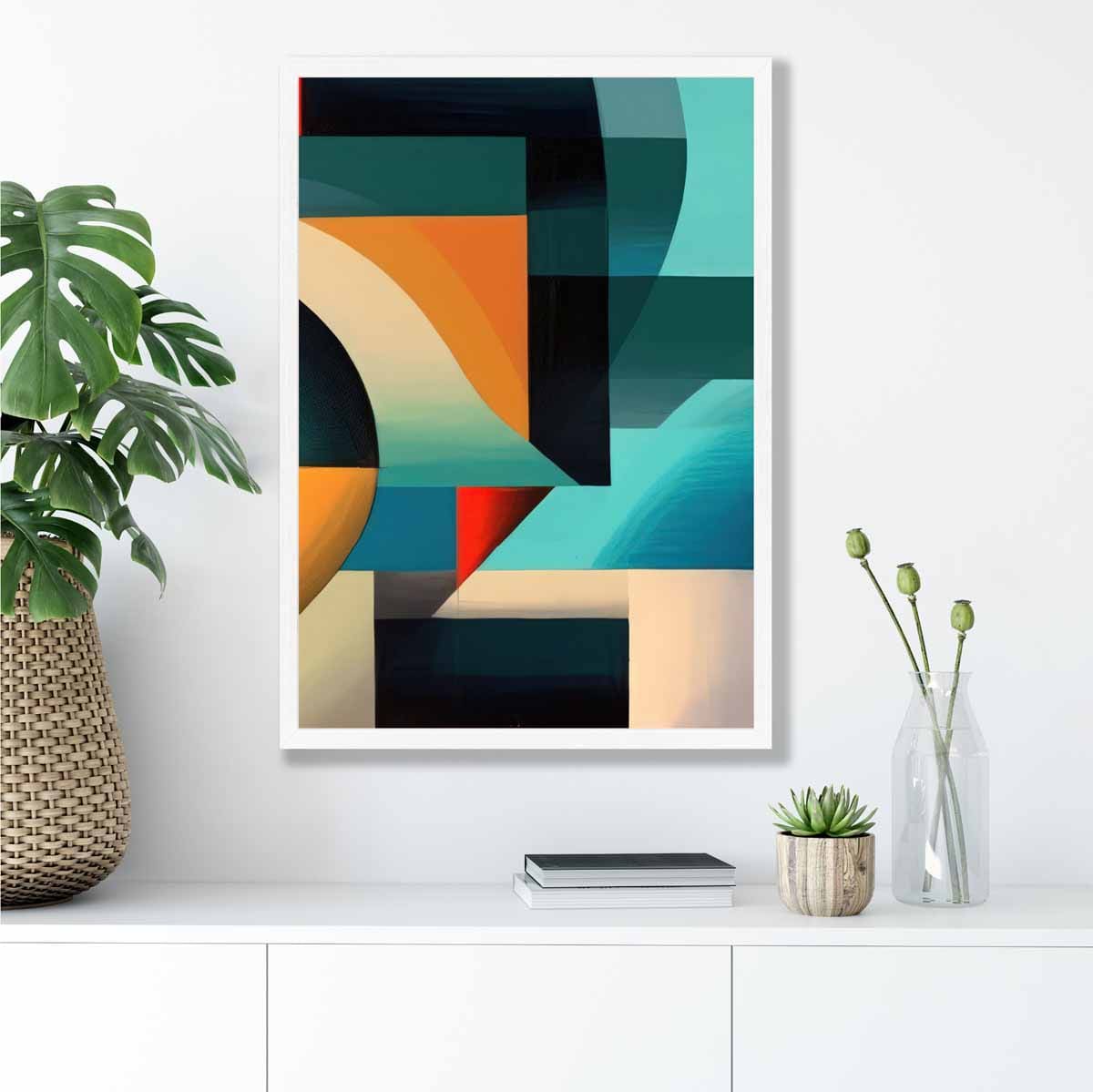 Abstrakter Kunstdruck mit farbenfrohen Formen, Blau, Rot, Orange, Nr. 4