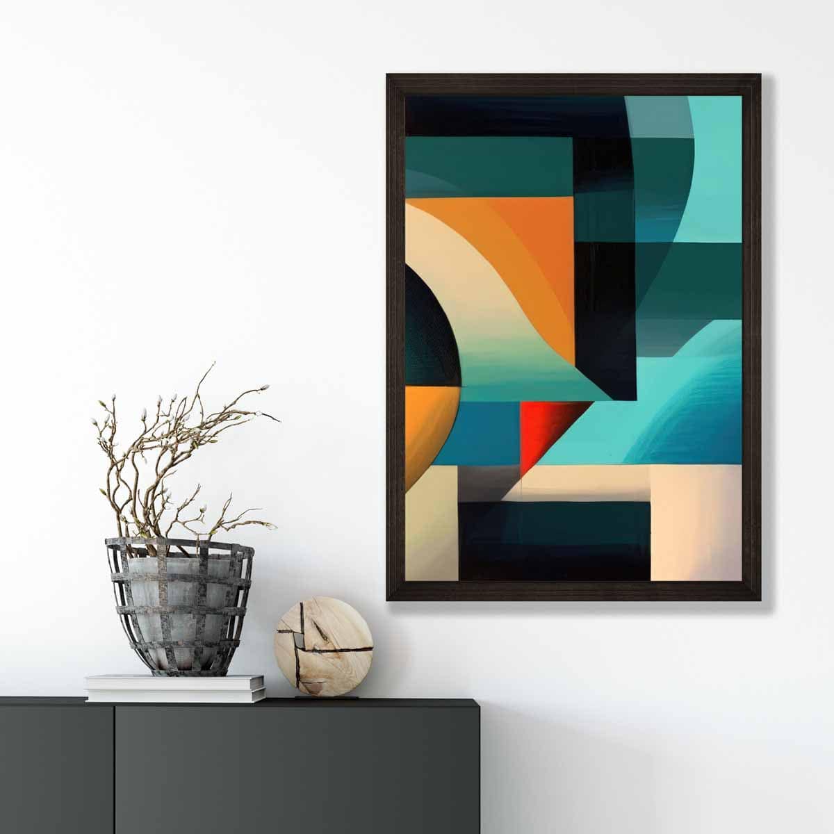 Abstrakter Kunstdruck mit farbenfrohen Formen, Blau, Rot, Orange, Nr. 4