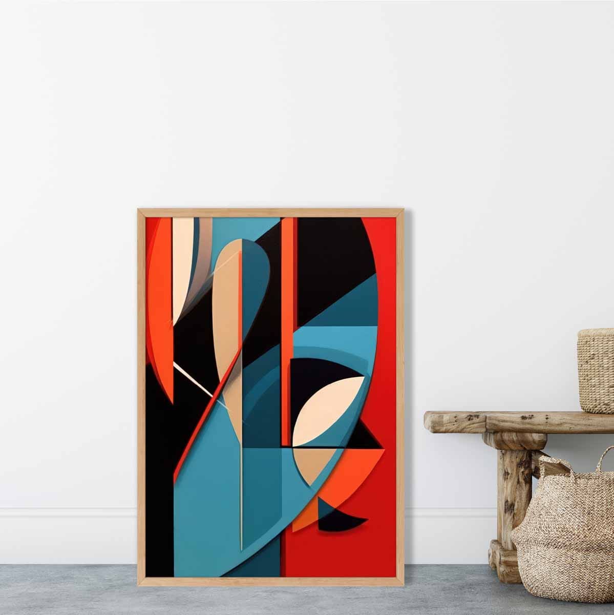 Abstrakter Kunstdruck mit farbenfrohen Formen, Blau, Rot, Beige Nr. 1