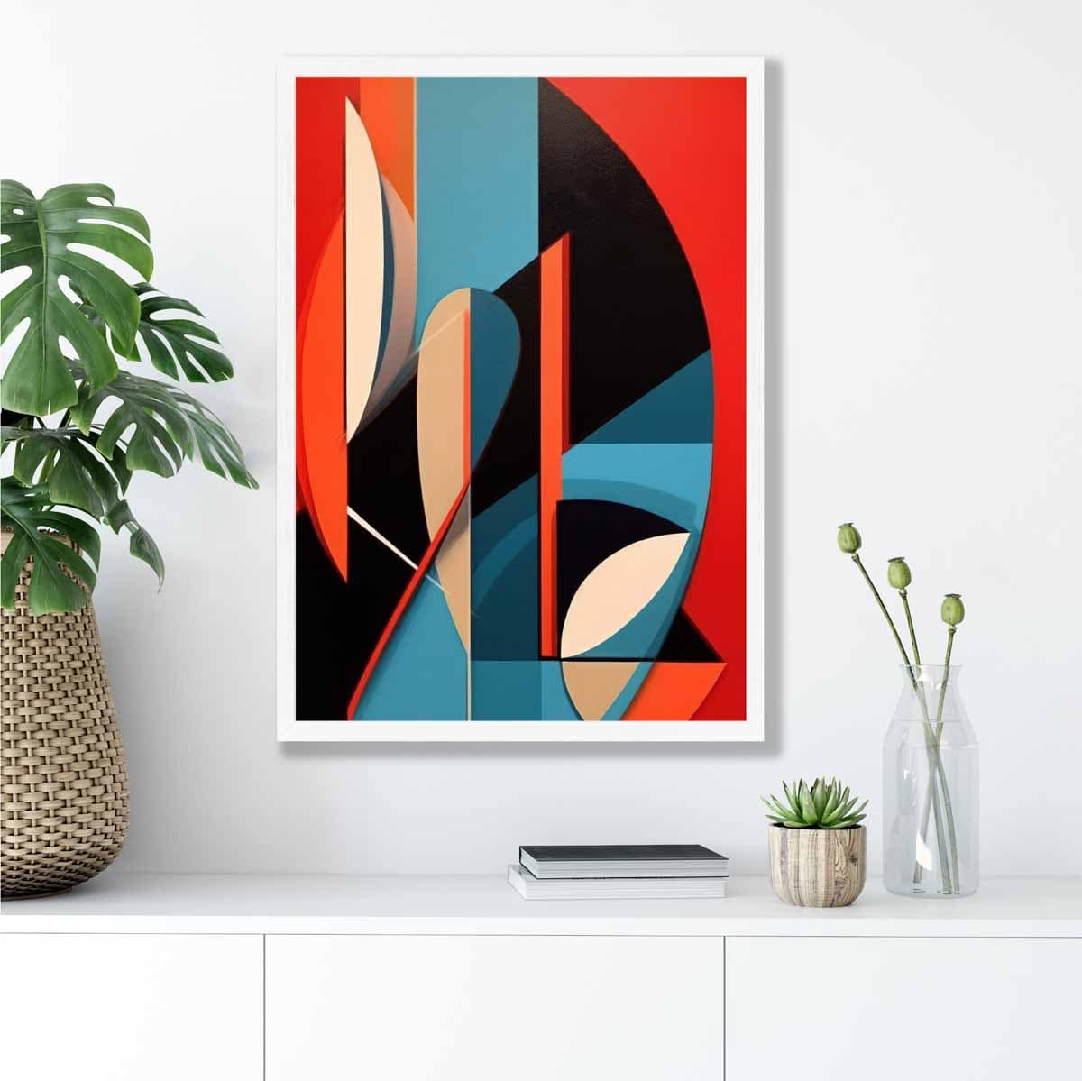 Abstrakter Kunstdruck mit farbenfrohen Formen, Blau, Rot, Beige, Nr. 3