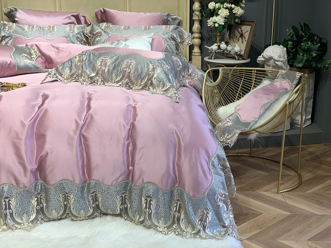 Luxuriöses Satin-ähnliches besticktes Wellen-Duvetbezug-Set mit Jacquard-Rand & Oxford-Kissenbezügen