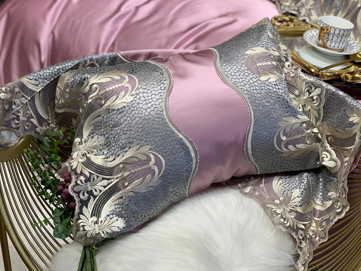 Luxuriöses Satin-ähnliches besticktes Wellen-Duvetbezug-Set mit Jacquard-Rand & Oxford-Kissenbezügen