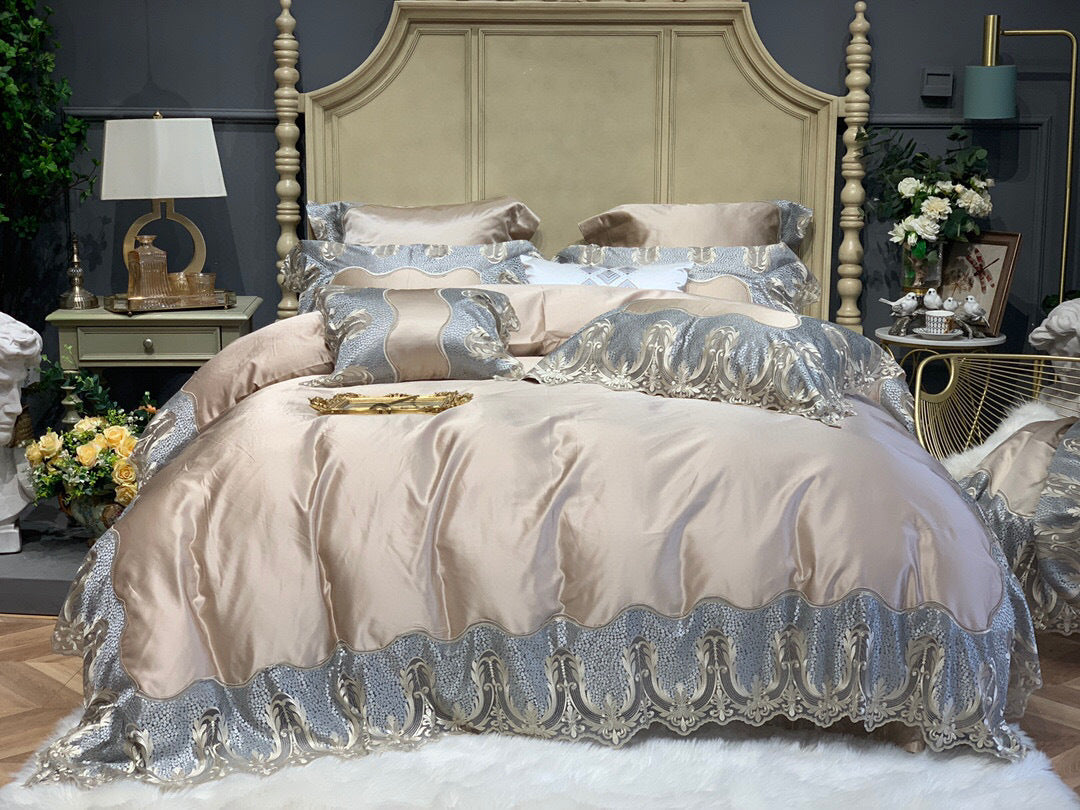 Luxuriöses Satin-ähnliches besticktes Wellen-Duvetbezug-Set mit Jacquard-Rand & Oxford-Kissenbezügen