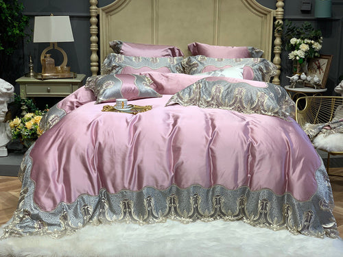 Luxuriöses Satin-ähnliches besticktes Wellen-Duvetbezug-Set mit Jacquard-Rand & Oxford-Kissenbezügen