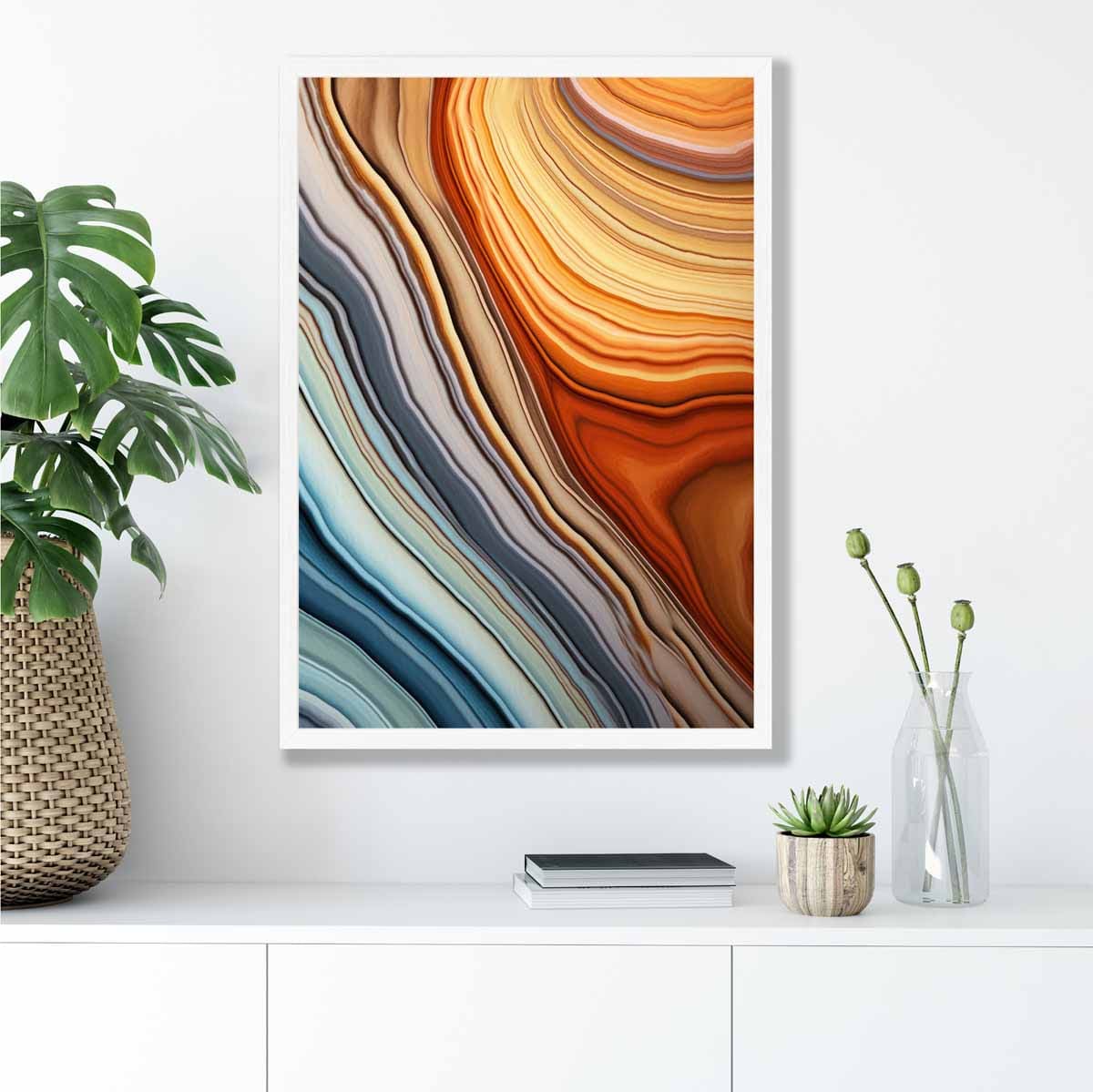 Abstrakter, fließender Kunstdruck in Blau und Orange Nr. 1