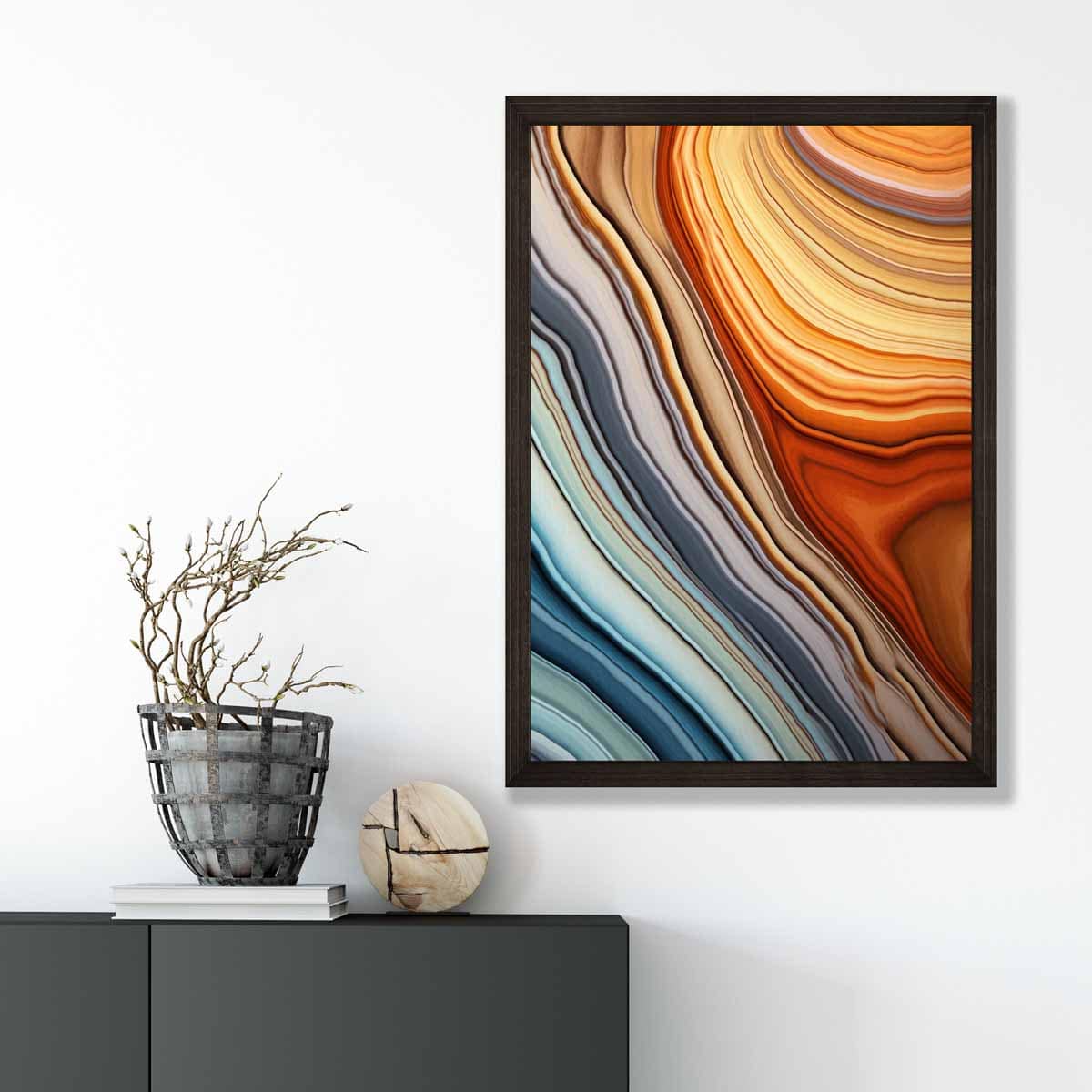 Abstrakter, fließender Kunstdruck in Blau und Orange Nr. 1