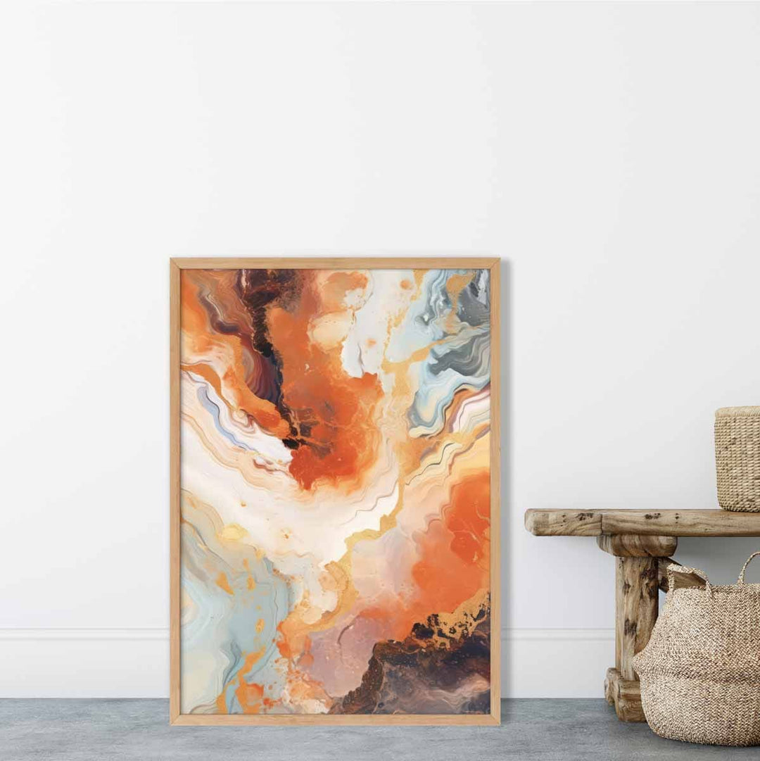 Abstraktes Gemälde, Flüssigkunstdruck, Orange, Grau und Gold Nr. 1
