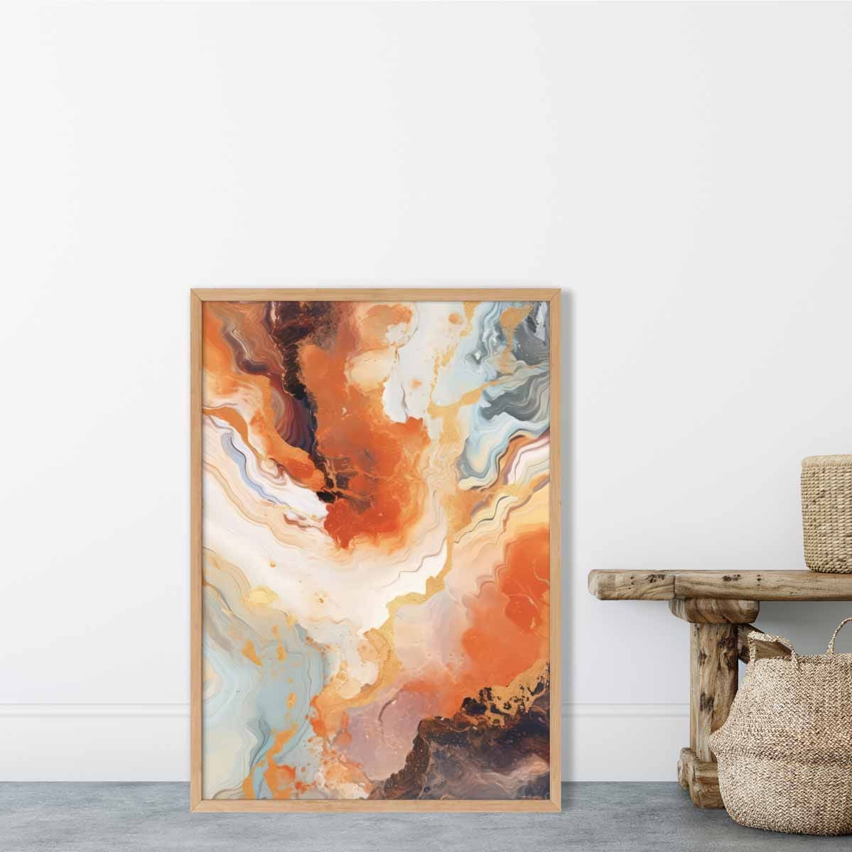 Abstraktes Gemälde, Flüssigkunstdruck, Orange, Grau und Gold Nr. 1