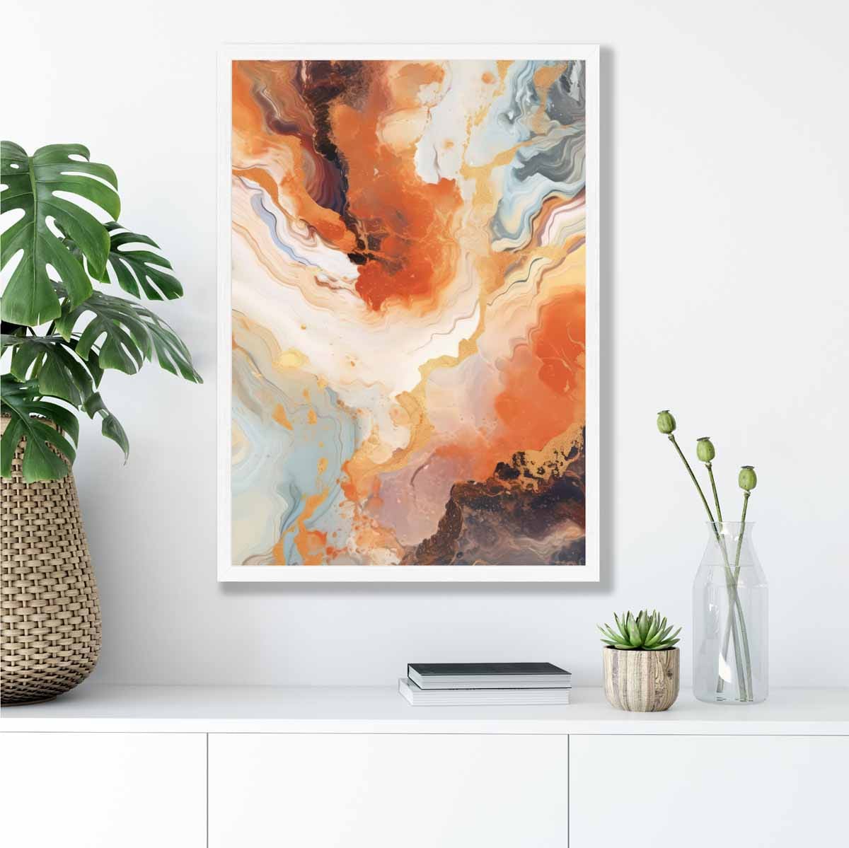 Abstraktes Gemälde, Flüssigkunstdruck, Orange, Grau und Gold Nr. 1