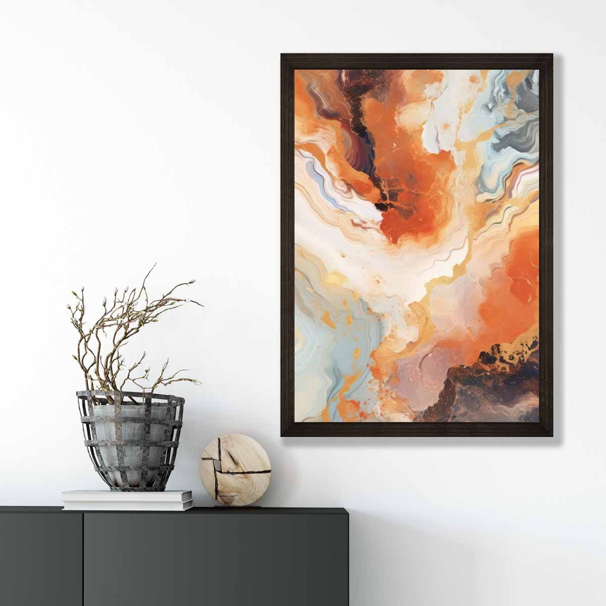 Abstraktes Gemälde, Flüssigkunstdruck, Orange, Grau und Gold Nr. 1