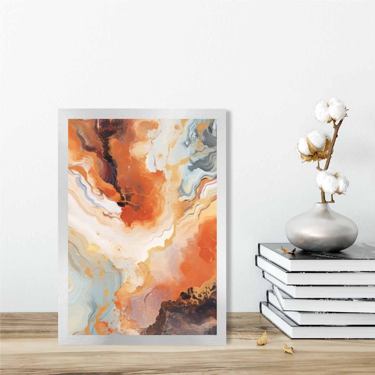 Abstraktes Gemälde, Flüssigkunstdruck, Orange, Grau und Gold Nr. 1