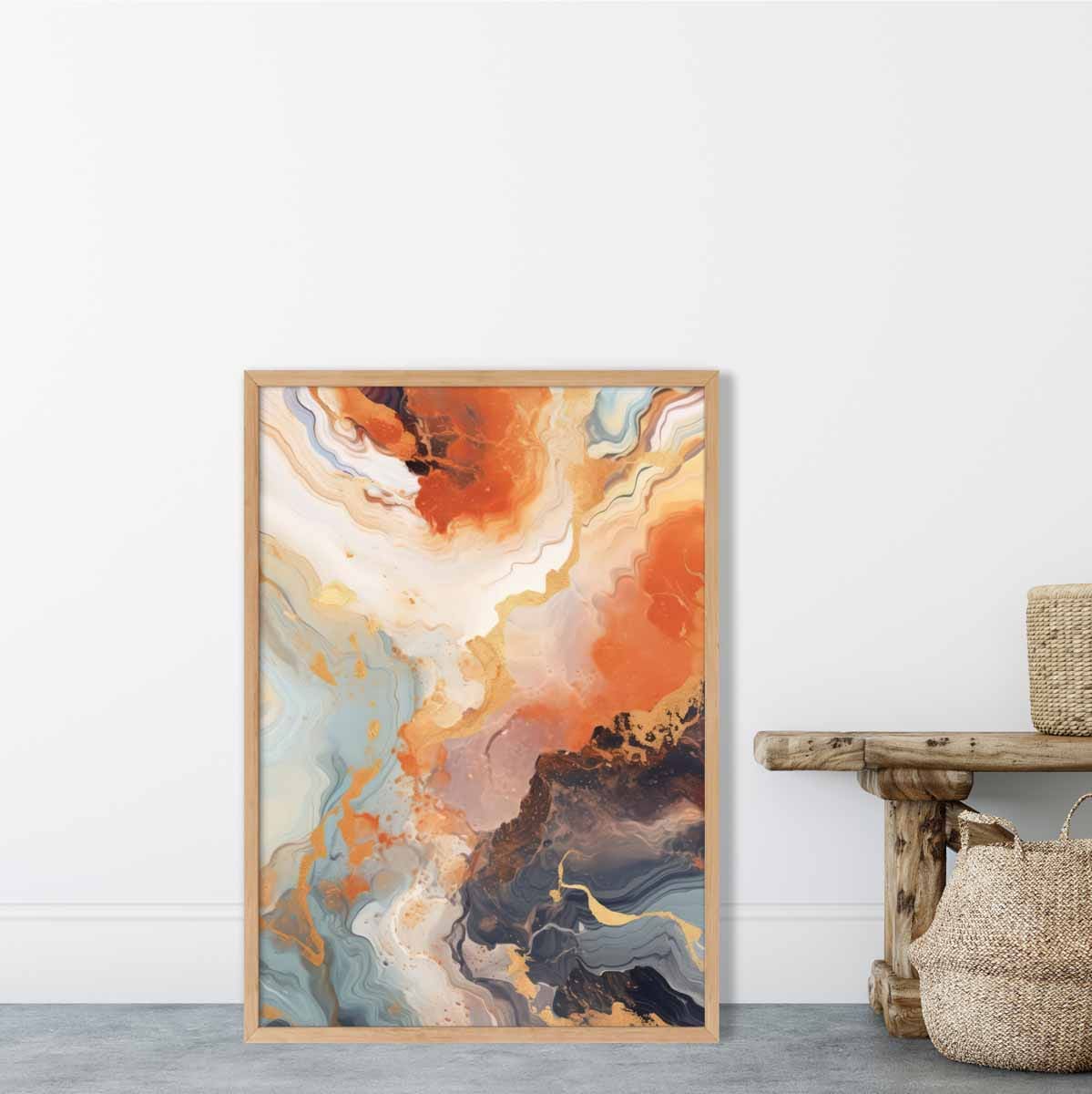 Abstraktes Gemälde, Flüssigkunstdruck, Orange, Grau und Gold Nr. 2