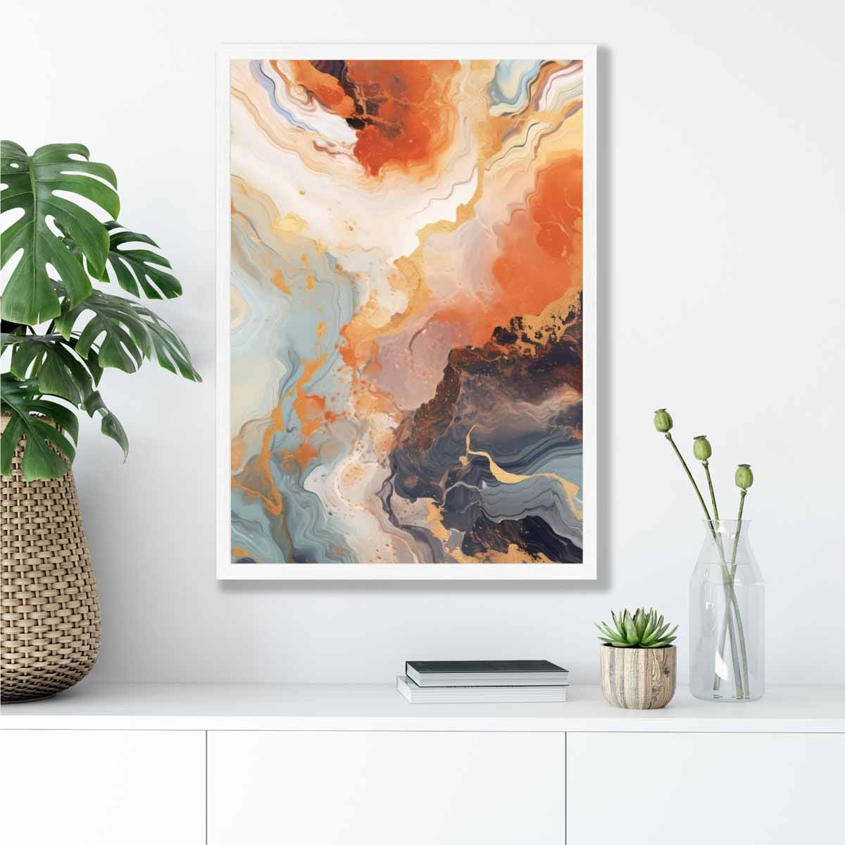 Abstraktes Gemälde, Flüssigkunstdruck, Orange, Grau und Gold Nr. 2