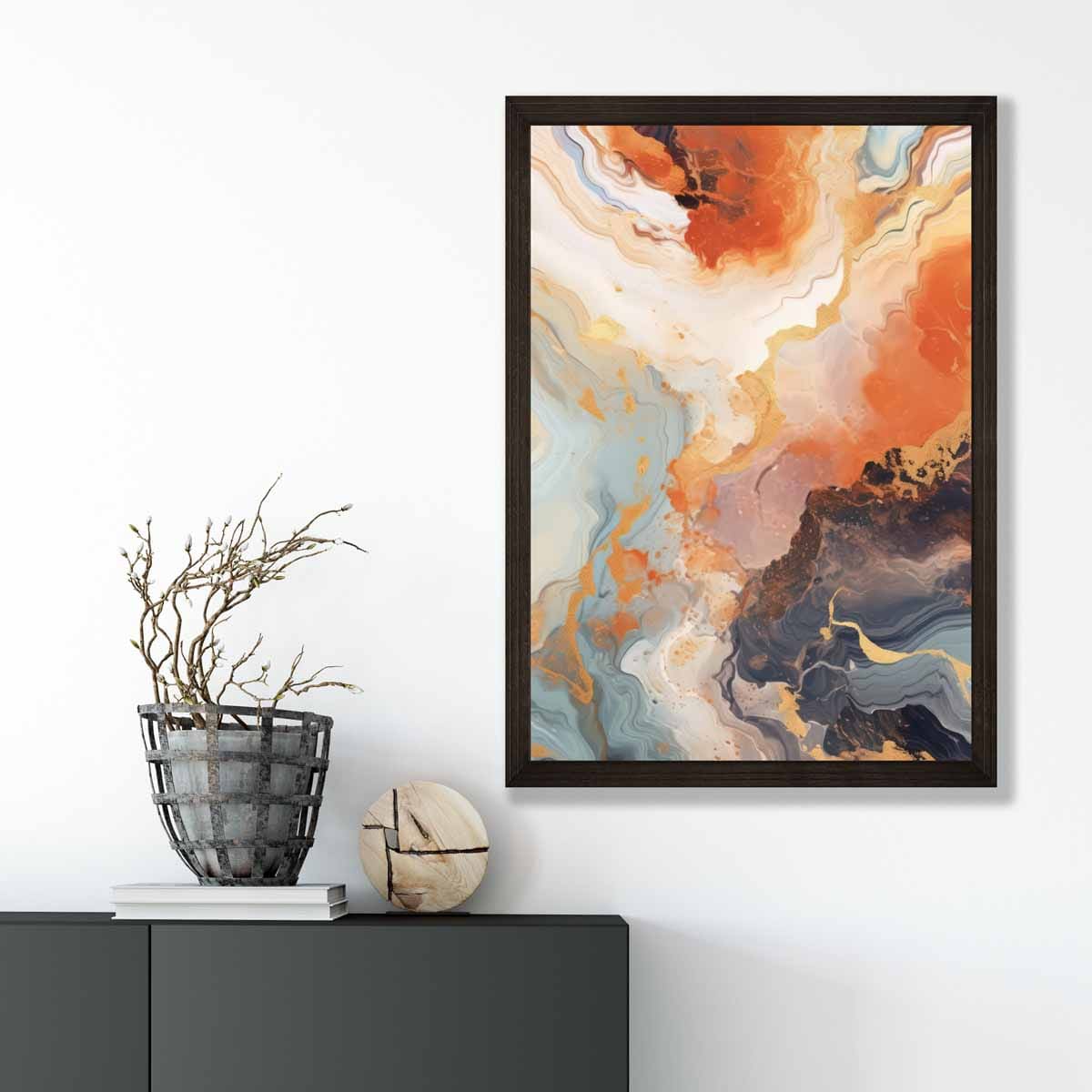 Abstraktes Gemälde, Flüssigkunstdruck, Orange, Grau und Gold Nr. 2
