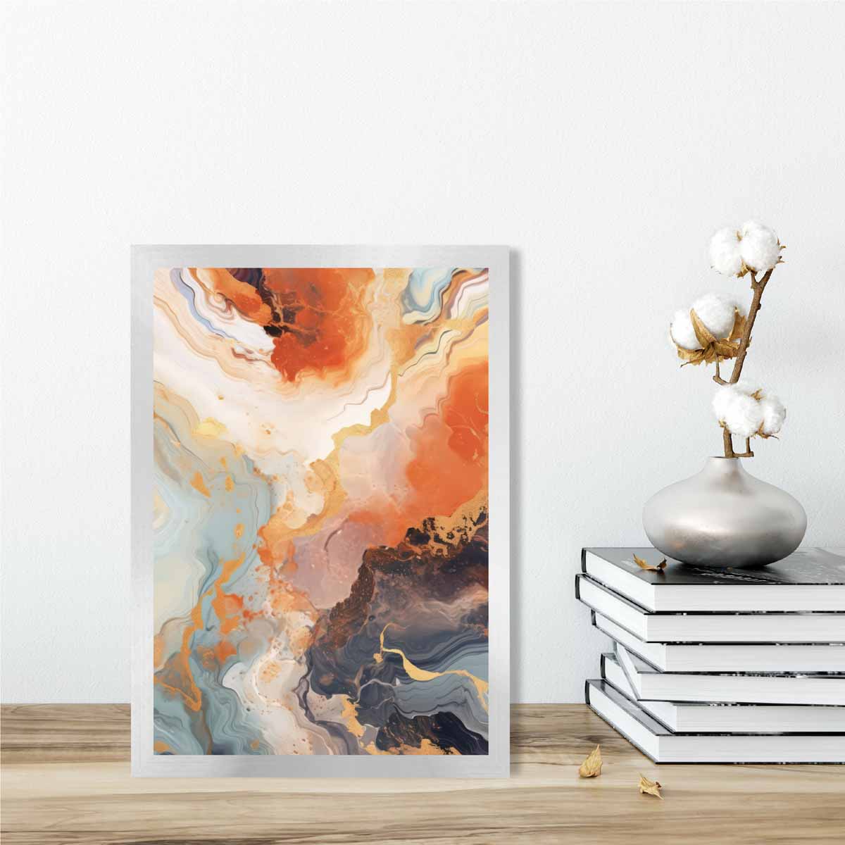 Abstraktes Gemälde, Flüssigkunstdruck, Orange, Grau und Gold Nr. 2