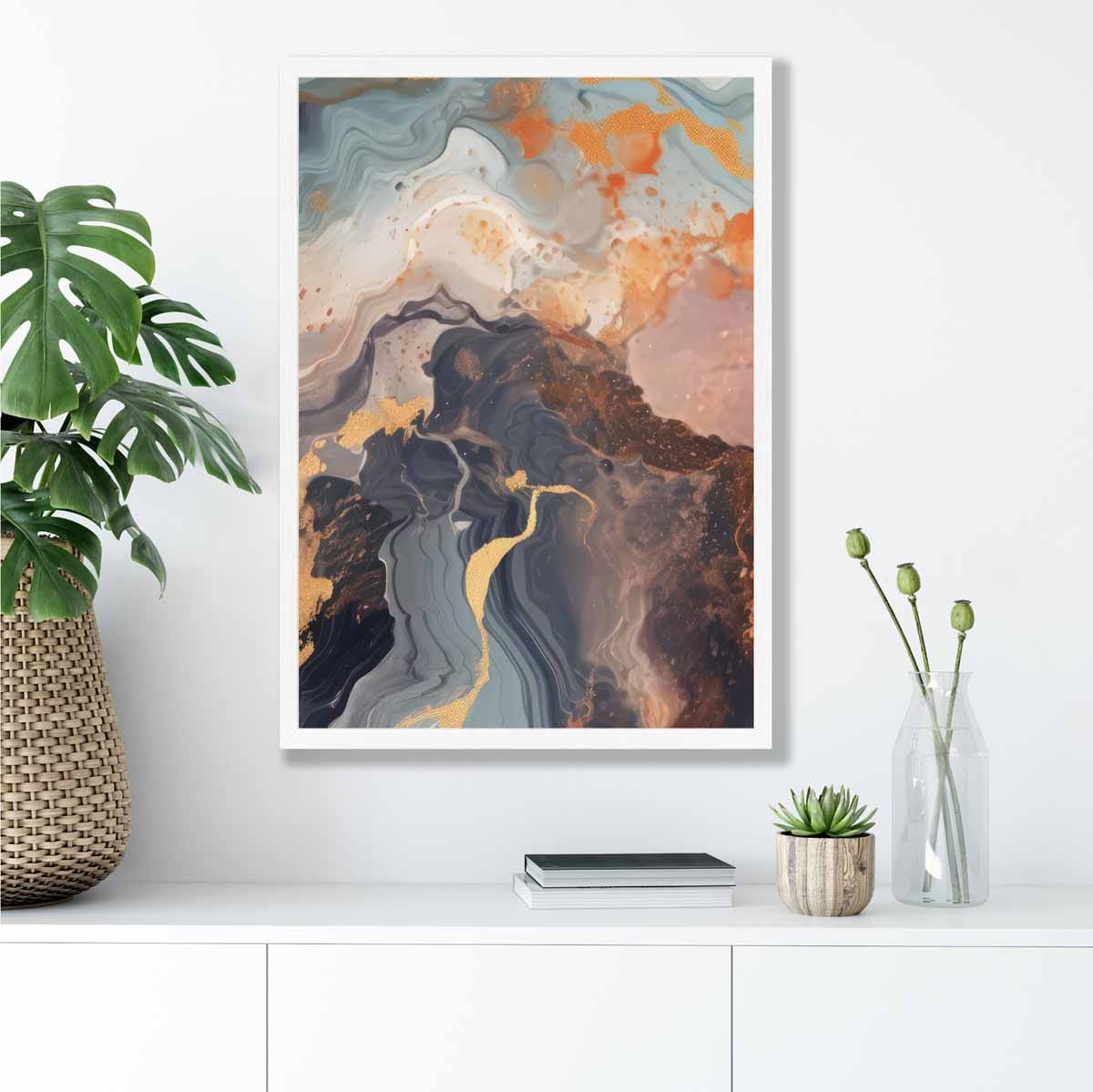 Abstraktes Gemälde, Fluid-Art-Druck, Orange, Grau und Gold Nr. 4