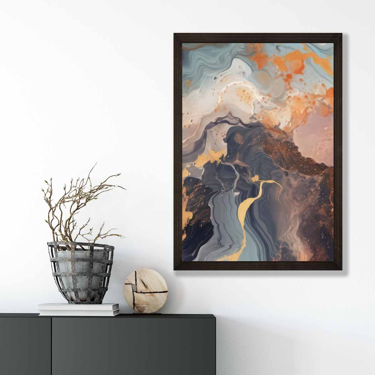 Abstraktes Gemälde, Fluid-Art-Druck, Orange, Grau und Gold Nr. 4