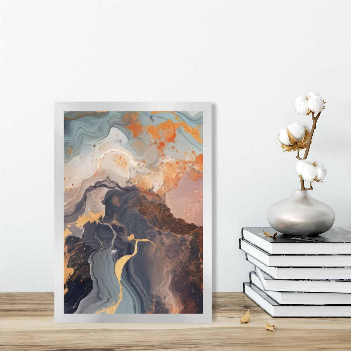 Abstraktes Gemälde, Fluid-Art-Druck, Orange, Grau und Gold Nr. 4