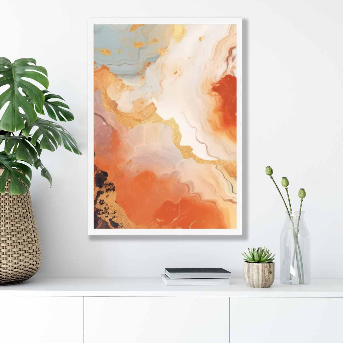 Abstraktes Gemälde, Fluid-Art-Druck, Orange, Grau und Gold Nr. 5