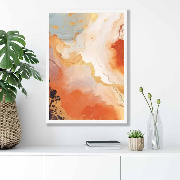 Abstraktes Gemälde, Fluid-Art-Druck, Orange, Grau und Gold Nr. 5