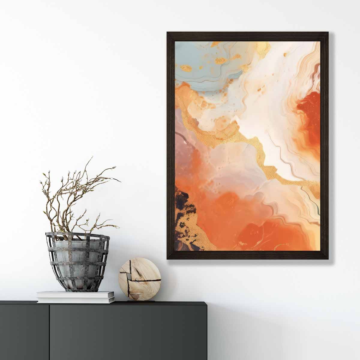 Abstraktes Gemälde, Fluid-Art-Druck, Orange, Grau und Gold Nr. 5