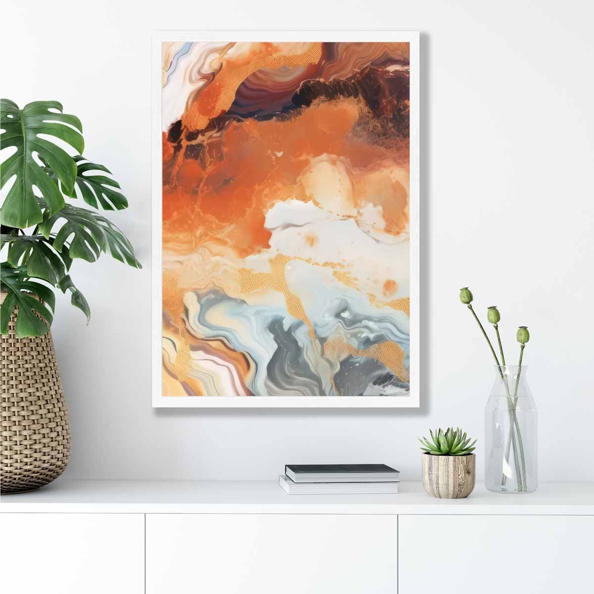 Abstraktes Gemälde, Flüssigkunstdruck, Orange, Grau und Gold Nr. 6