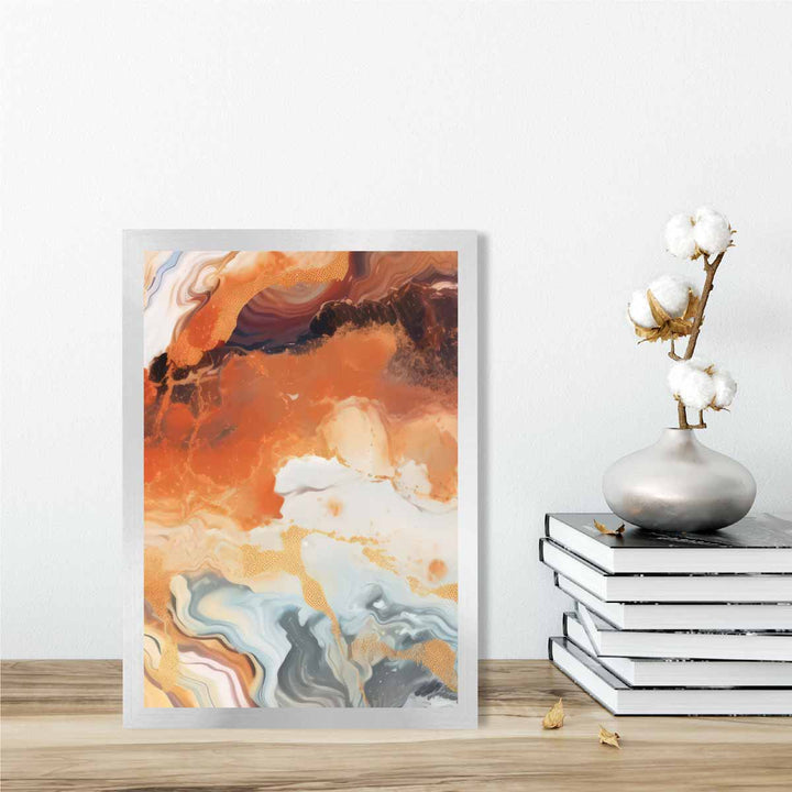 Abstraktes Gemälde, Flüssigkunstdruck, Orange, Grau und Gold Nr. 6