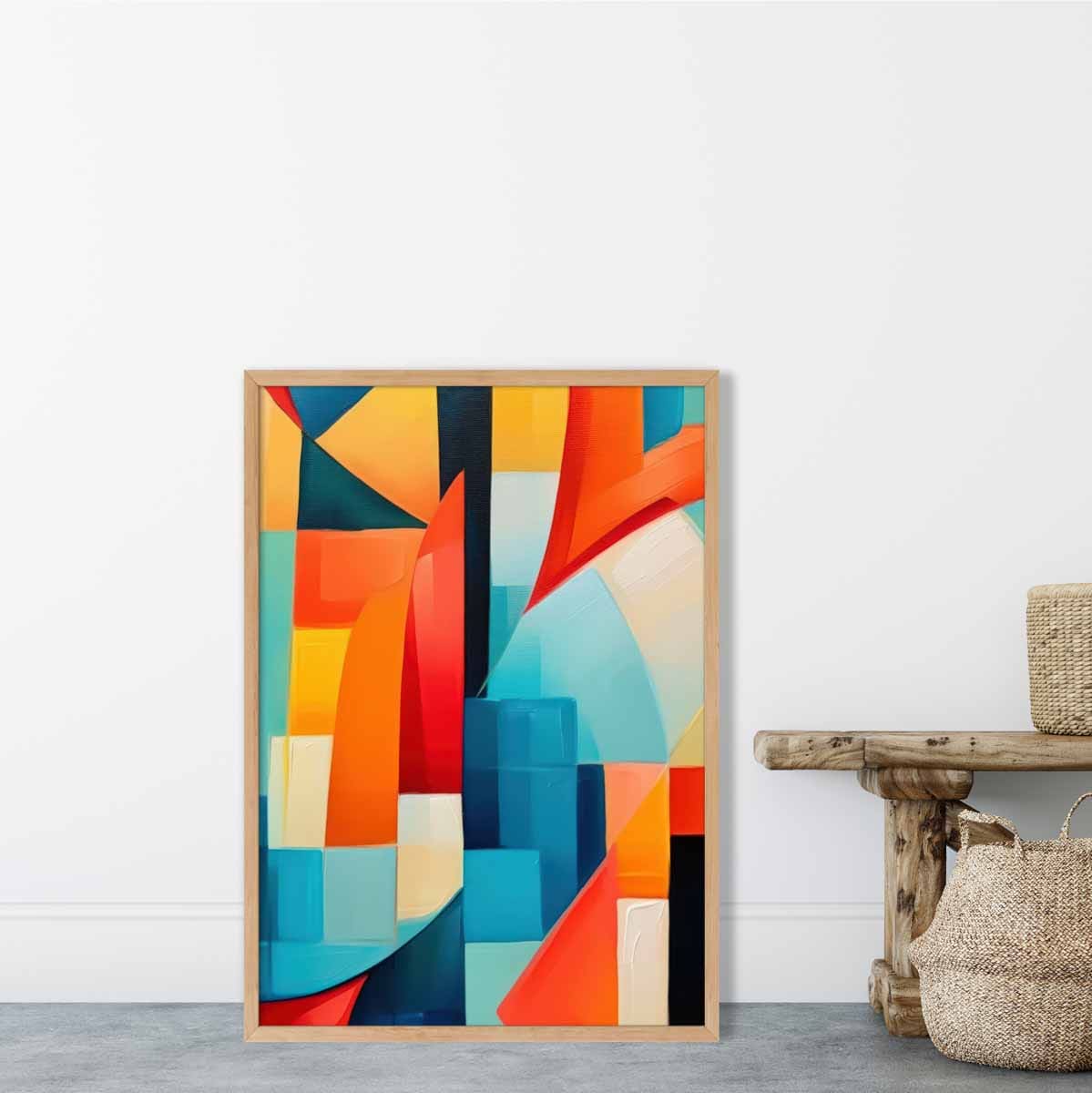 Abstraktes Gemälde, Kunstdruck mit farbenfrohen Formen, Blau, Rot und Gelb Nr. 1