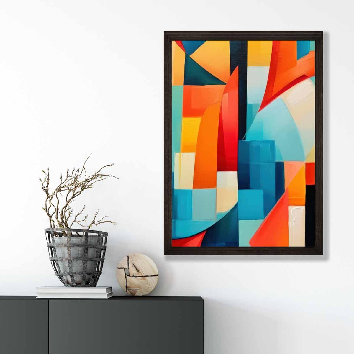 Abstraktes Gemälde, Kunstdruck mit farbenfrohen Formen, Blau, Rot und Gelb Nr. 1