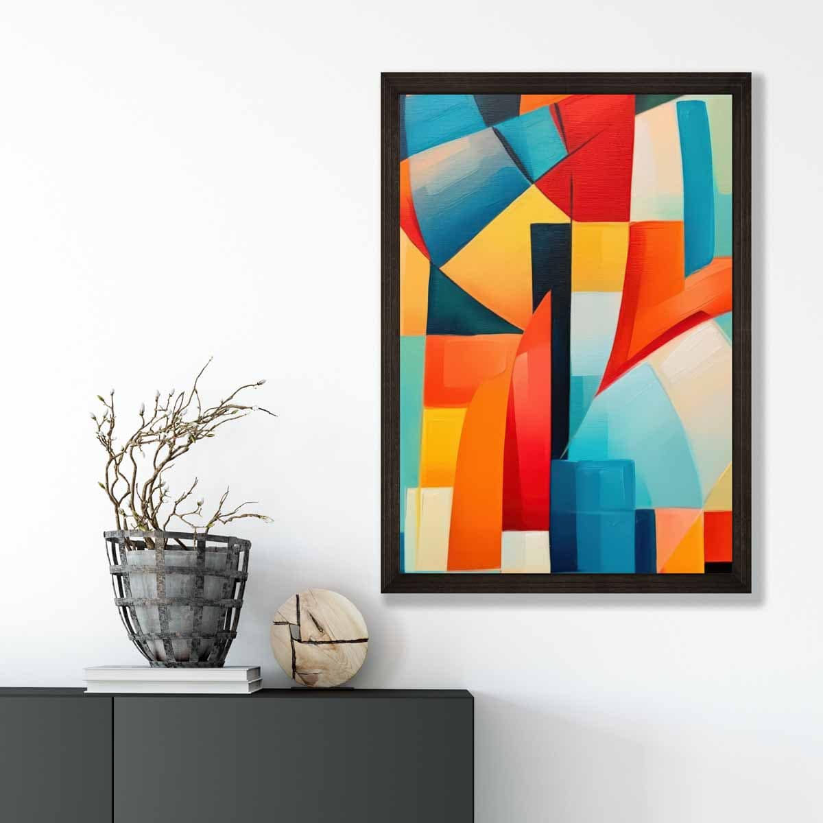 Abstraktes Gemälde, Kunstdruck mit farbenfrohen Formen, Blau, Rot und Gelb Nr. 3